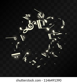 Golden Musical Notes on Black Background. Vector Luminous Musical Symbols. Many Random Falling Notes, Bass and Treble Clef.
 Jazz Background.  Abstract Black and White Vector Illustration.