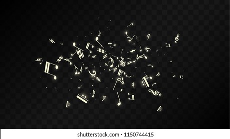 Golden Musical Notes on Black Background. Vector Luminous Musical Symbols. 
 Many Random Falling Notes, Bass and Treble Clef.
 Magic Jazz Background.  Abstract Black and White Vector Illustration.