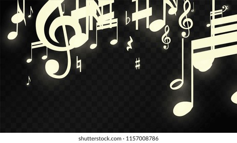 Golden Musical Notes on Black Background. Vector Luminous Musical Symbols. Many Random Falling Notes, Bass and Treble Clef.
 Jazz Background.  Abstract Black and White Vector Illustration.