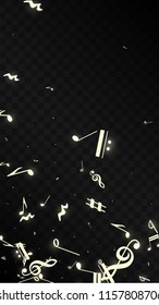 Golden Musical Notes on Black Background. Vector Luminous Musical Symbols. 
 Many Random Falling Notes, Bass and Treble Clef.
 Magic Jazz Background.  Abstract Black and White Vector Illustration.