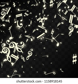 Golden Musical Notes on Black Background. Vector Luminous Musical Symbols. 
 Many Random Falling Notes, Bass and Treble Clef.
 Jazz Background.  Abstract Black and White Vector Illustration.