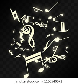 Golden Musical Notes on Black Background. Vector Luminous Musical Symbols. 
 Many Random Falling Notes, Bass and Treble Clef.
 Jazz Background.  Abstract Black and White Vector Illustration.