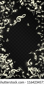 Golden Musical Notes on Black Background. Vector Luminous Musical Symbols. 
 Many Random Falling Notes, Bass and Treble Clef.
 Magic Jazz Background.  Abstract Black and White Vector Illustration.