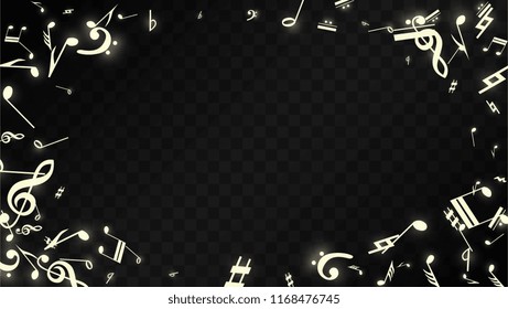 Golden Musical Notes on Black Background. Vector Luminous Musical Symbols. 
 Many Random Falling Notes, Bass and Treble Clef.
 Magic Jazz Background.  Abstract Black and White Vector Illustration.