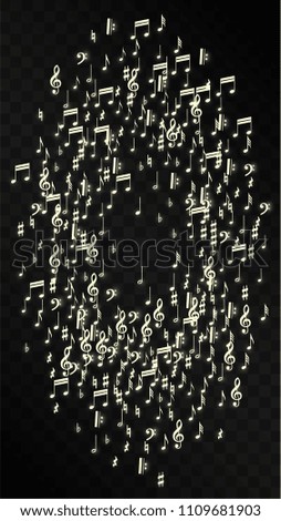 Golden Musical Notes on Black Background. Vector Luminous Musical Symbols. 
 Many Random Falling Notes, Bass and Treble Clef.
 Magic Jazz Background.  Abstract Black and White Vector Illustration.