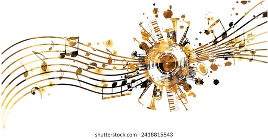  Golden musical promotional poster with musical instruments and notes isolated-vector illustration. Artistic playful design with vinyl disc for concert events, music festivals and shows. Party flyer

