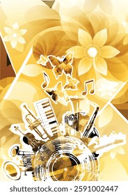 Golden musical promotional poster with musical instruments and notes isolated-vector illustration. Artistic playful design with vinyl disc for concert events, music festivals and shows. Party flyer