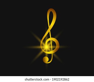 Golden musical treble clef, bright light glare. Vector illustration. Background.