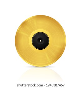 Golden musical vinyl record. Vector image with reflection on white background