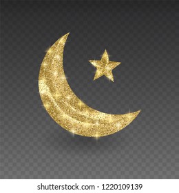 Golden muslim month with glittering texture on transparent background, vector illustration