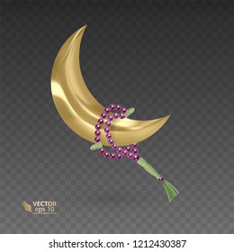 Golden, muslim month surrounded by a rosary, Realistic Prayer beads hanging on the Golden moon, vector illustration on dark background