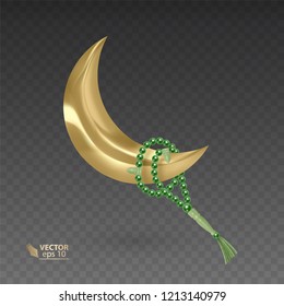 Golden, muslim month surrounded by a rosary, Realistic Prayer beads hanging on the Golden moon, vector illustration on dark background