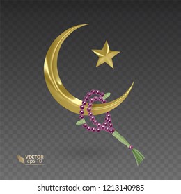 Golden, muslim month surrounded by a rosary, Realistic Prayer beads hanging on the Golden moon, vector illustration on dark background