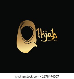 golden Muslim Scarf, luxury hijab logo Ideas. Inspiration logo design. Template Vector Illustration. Isolated On Black Background