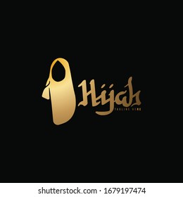 golden Muslim Scarf, luxury hijab logo Ideas. Inspiration logo design. Template Vector Illustration. Isolated On Black Background