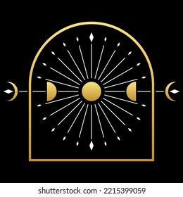 Golden mysterious magic moon different phases or lunar phases with white moonlight ray in frame boho on black background vector icon design.