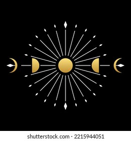 Golden mysterious magic moon different phases or lunar phases with white moonlight ray boho on white background vector icon design.