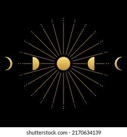 Golden mysterious moon different phases or lunar phases with moonlight on black background boho vector icon design.