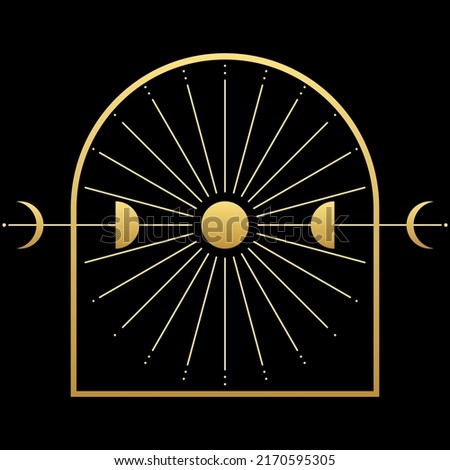 Golden mysterious moon different phases or lunar phases with moonlight on black background boho vector icon design.