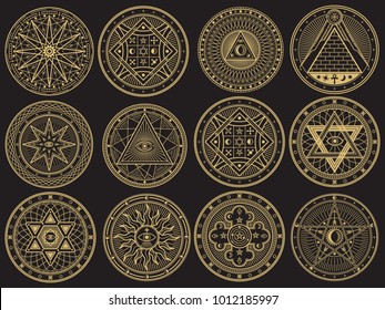 Golden mystery, witchcraft, occult, alchemy, mystical esoteric symbols. Witchcraft mystery emblem collection, magic religion tattoo. Vector illustration