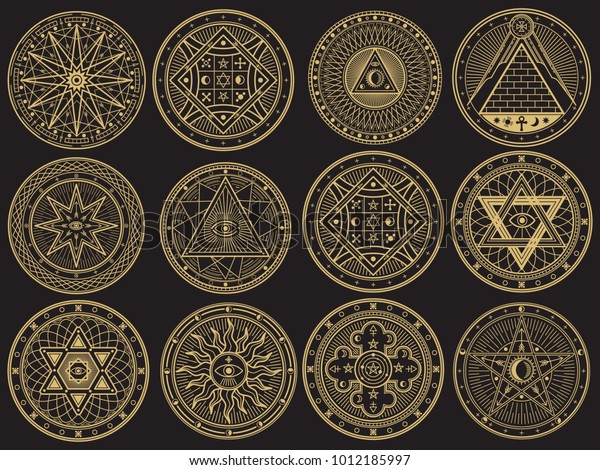 Golden mystery, witchcraft, occult, alchemy,
mystical esoteric symbols. Witchcraft mystery emblem collection,
magic religion tattoo. Vector
illustration
