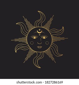 Golden mystic and celestial sun with face. Vector space illustration in boho style. Gold esoteric poster.