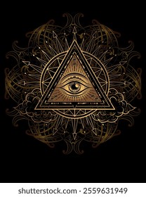 Golden Mystic Eye in Ornate Triangle and Star Design with Ethnic Patterns, Esoteric Symbolism, Spiritual All-Seeing Eye, Decorative Boho Illustration, Vector Art for Tattoo, Prints