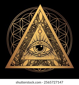 Golden Mystic Eye in Ornate Triangle and Star Design with Ethnic Patterns, Esoteric Symbolism, Spiritual All-Seeing Eye, Decorative Boho Illustration, Vector Art for Tattoo, Prints