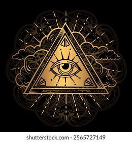 Golden Mystic Eye in Ornate Triangle and Star Design with Ethnic Patterns, Esoteric Symbolism, Spiritual All-Seeing Eye, Decorative Boho Illustration, Vector Art for Tattoo, Prints