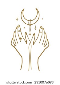 Golden mystical boho astrology illustration, two female hands touch the crescent of the moon, witch tattoo, magic sticker, tarot symbol, vector isolated on white.