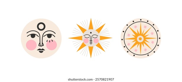 Golden mystical boho suns with face. Mystical tarot stickers, mythical golden sun shapes.Abstract bohemian astrological magic art galactic space