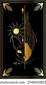 Golden mystical cat illustration featuring celestial elements and intricate patterns on a dark background