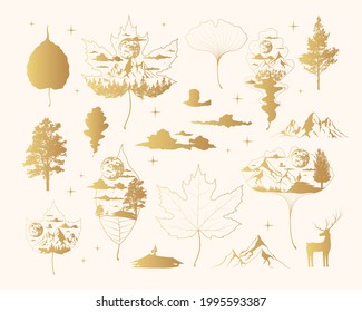 Golden Mystical leaves collection. Gold Celestial leaves with mountain, clouds, moon and forest. Magic leaf and tree silhouettes and outlines.