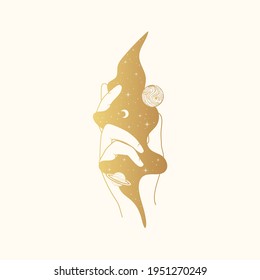 Golden Mystical Lunar hand concept. Gold Celestial illustration with planets, moon, galaxy and stars. Vector isolated icon.