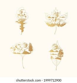 Golden mystical maple, oak, elm and ginkgo biloba leaves collection. Celestial leaf with mountain, clouds, moon and forest. Gold magic tattoo concept.
