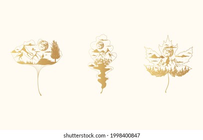 Golden mystical maple, oak and ginkgo biloba leaves set. Celestial leaf with mountain, clouds, moon and forest. Gold magic tattoo concept.