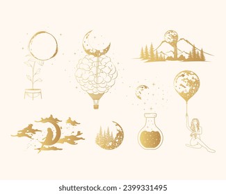 Colección de luna mística dorada. Elementos de diseño bohemio celestial. Ilustración vectorial al estilo boho.