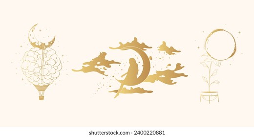 Colección de luna mística dorada. Elementos de diseño bohemio celestial. Ilustración vectorial en estilo boho