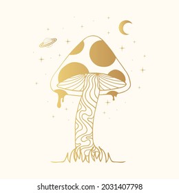 Golden mystical mushroom. Celestial fungi clipart with moon and stars.
