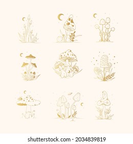 Golden mystical mushrooms with moon and stars. Celestial elements, fungi, fungus. Gold witchy tattoos. Esoteric clipart.