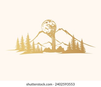 Golden mystical silhouettes of the moon lying on the tops of mountains and a spruce forest. Vector illustration for print, poster and greeting card.