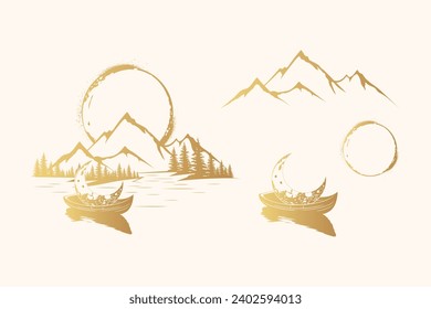 Goldene mystische Silhouetten aus Bergen, Tannenwald und Halbmond, die in einem Boot schwimmen. Sammlung von Designelementen. Vektorlandschaft für Druck, Grußkarte und Poster