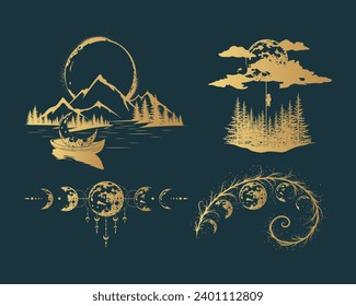 Golden mystical silhouettes of mountains, forests, moon and other design elements isolated on a white background. Vector prints for label or tattoo