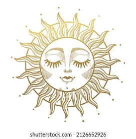 Sol místico dorado con cara de boho. Elemento de diseño, tatuajes, pegatinas. Ilustración vectorial lineal aislada en fondo blanco.