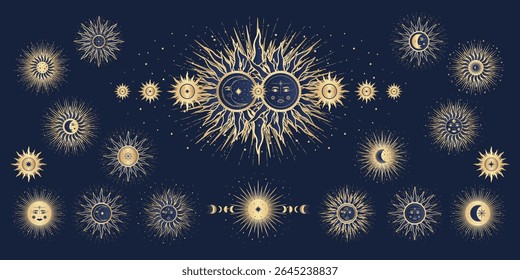 Golden mystical Sun and Moon with face, crescent, star. Spiritual celestial space, astrology sign, astronomy symbol. Magic talisman, antique style, tarot. Vector set illustration on blue background