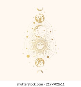 Sol místico dorado, luna y planetas.  Ilustración dibujada a mano aislada en estilización blanca, grabadora. Diseño estotérico para astrología, tarot, brujería y pegatinas.