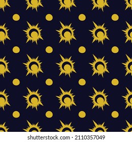 Golden mystical sun. Seamless pattern of the sun on a dark purple background.
