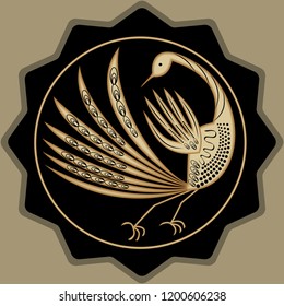 Golden mythic bird, beautiful antique decoration. Bird body stylized in circle, golden patterns on black background. Oriental design