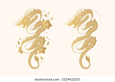 Golden mythology dragon with flowers and brushstroke. Japanese hand drawn vector illustration isolated on white background  for greeting card and poster.