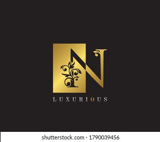 Golden N Letter Logo Design. Gold N Letter With Negative Space and Classy Leaves Shape design perfect for fashion, Jewelry, Cosmetics, Hotel and Restaurant Logo. 